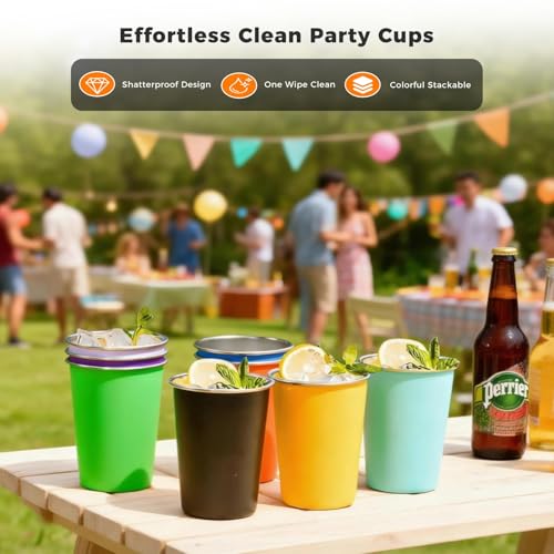 HAMIZHONGTAI 8 Pack Stainless Steel Cups 16oz - Colorful Stackable Shatterproof Metal Cups & stainless steel tumbler, Reusable BPA-Free Metal Drinking Cups for Camping, Travel, Outdoors - image 5