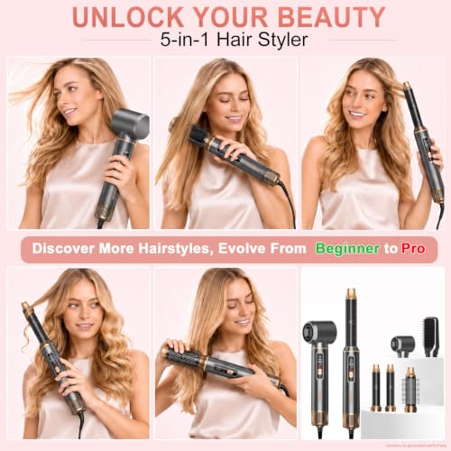 Image of 5-in-1 Hair Styler, Air Curler Wrap & Blow Dryer Brush,110-120V Only | 1000W Multi Hair Styling Tool with Led Display and 5 Attachments For Drying, Air Curling and Straightening at Home.
