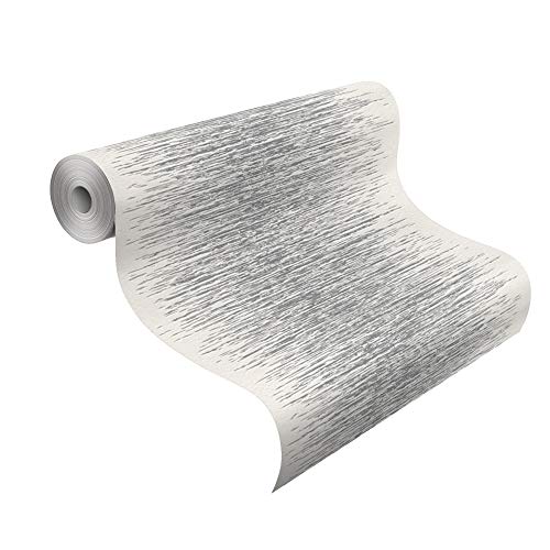 rasch Tapete 413809 – weiße Vliestapete in 3D-Optik mit feinen Linien im metallischen Silber und Grau – 10,05m x 53cm (L x B)