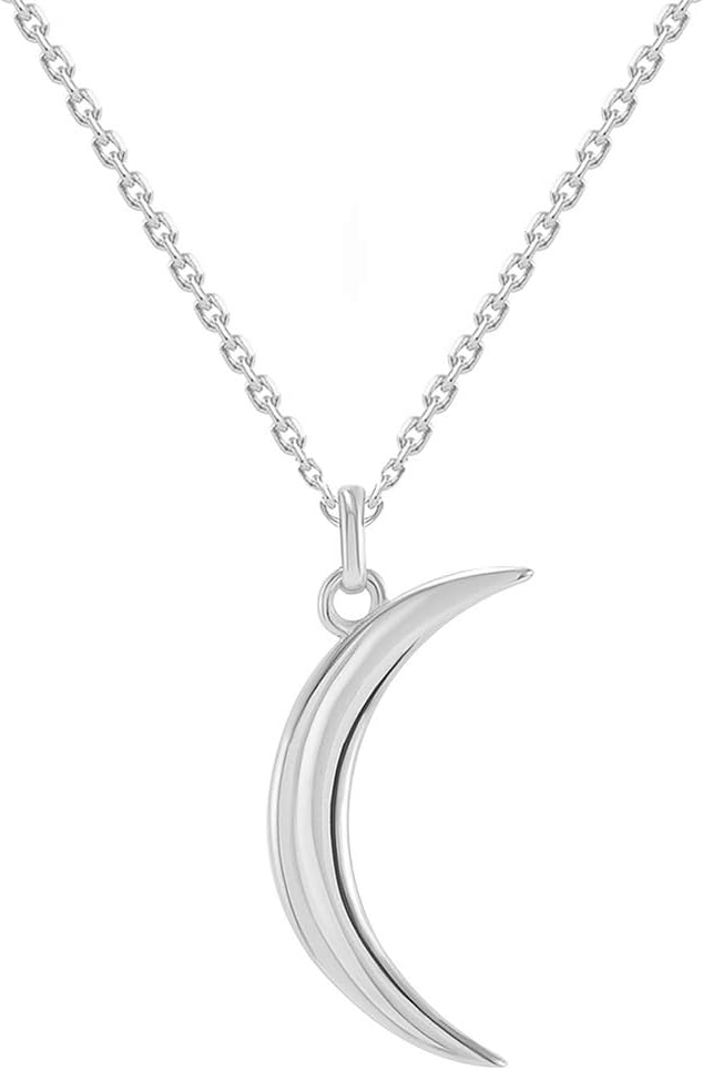 Solid 14k White Gold Dainty Crescent Moon Pendant Necklace with Lobster Claw Clasp (16" to 18" Adjustable Chain)