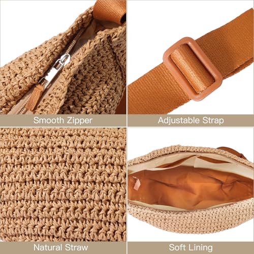 Straw Crossbody Bag Woven Purse for Women – Handmade Crochet Shoulder Bag, Summer BeachBag Vacation Straw Purse,Beige Brown4