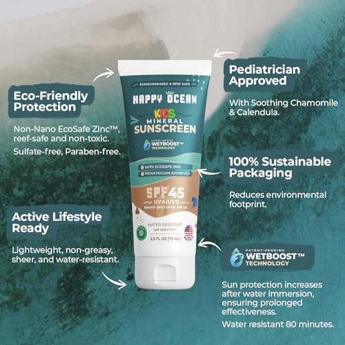 Happy Ocean Kids Mineral Sunscreen SPF 45 – Reef Safe, Non-Toxic for Babies & Toddlers, Zinc Oxide, Water Resistant, Travel Size, Face & Body