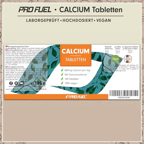 Calcium Tabletten 180x - optimal hochdosiert mit 800 mg Calcium pro Tag - Erhalt normaler Knochen & Zähne - hochwertiges Calciumcarbonat - laborgeprüft mit Zertifikat - 100% vegan - Vorrat für 90 Tage