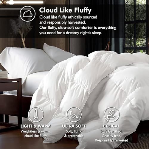Image of Luxurious Oversized Queen 98 inch x 98 inch Size Goose Down Fiber Waterfowl Feather Fiber Comforter Duvet, 100% Egyptian Cotton Cover, 56 oz. Fill Weight, Baffle Box Design, White Solid