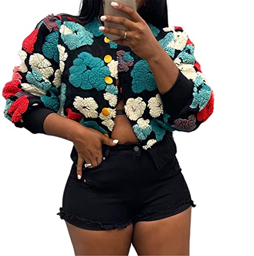 Recious Womens Sexy Casual Long Sleeve 3D Floral Embroidered Printed Fleece Button Outwear Jacket