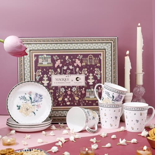 Image of Clay Craft x Magique by The Wishing Chair : Emerald Ribbon - Twilight Bloom Giftbox | Set of 4 Snack Plates and 4 Mugs | Dishwasher Safe | Festive Gifting | GiftBox Packaging