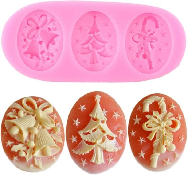 Christmas Silicone Fondant & Chocolate Mold – 3 Cavities Bells, Tree & Gingerbread Man Design for Candy, Cake, Ice & DIY Crafts