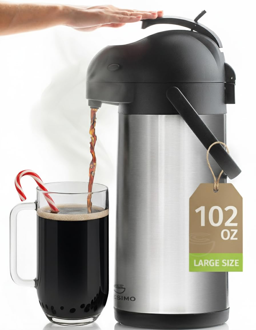 Cresimo Coffee Carafe with Pump - 102oz / 3L Airpot 12 Hours Large Hot Water Carafe, Cocoa Dispenser for Parties - Tea Flask, Insulated Stainless Steel Airpots for Hot Beverage Dispenser -Coffee Pump