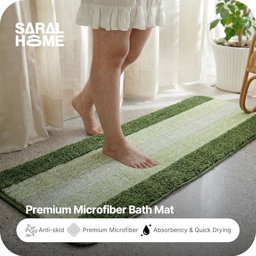 Image of Saral Home Microfiber Striped Rectangle Anti-Skid Runner | Soft & Super Absorbent, Washable Multipurpose Bedside Runner for Home /Kitchen /Lobby /Office Entrance, 50X100 CM | Pack of 1 (Green)