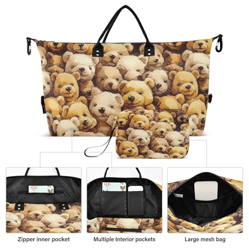 Travel Gym Bag, Brown Bear Pattern Weekender Overnight Duffle for Women with Toiletry Bag Travel Swim2
