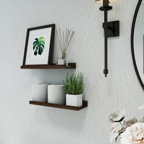 Image of Walnut Floating Shelves for Wall Decor, 14 in Shelf with Lip, 2 Set
