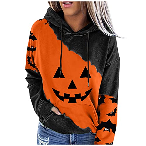 Women s Lightweight Pullover Hoodies Sweatshirt Color Block Long Sleeve Tunic Tops Graphic Workout Tops for Womens Guitar Graphic tee Basic Graphic tees for Womens(E1-Halloween-Orange,XL)