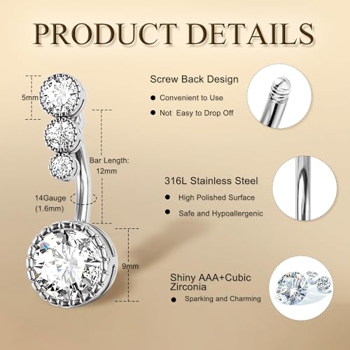 14G Stainless Steel Belly Button Rins, Heart CZ Belly Barbell Piercings, Cute Navel Piercing Jewelry For Women3