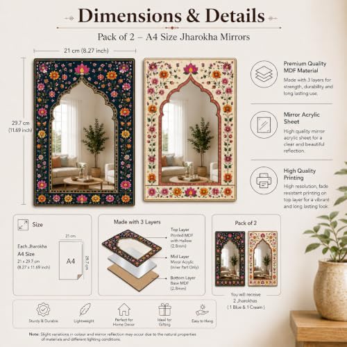Image of American Elm Pack of 2 Jharokha Mirror Wall Decor for Home Decor Living Room Bedroom and Entryway Indian Floral Arch Acrylic Mirror Wall Hanging