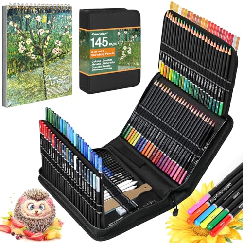 Spardar 145 Teiliges Zeichenstifte, Zeichenset mit 120 Farbige Buntstifte, Kohlestiften, Graphitstift und Aufbewahrungstasche & Skizzenbuch A4, Geeignet für Anfänger & Profis