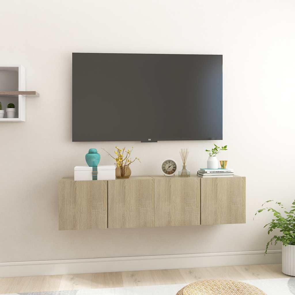 Szafki wiszące pod TV 2 szt., dąb sonoma 60x30x30 cm, nowoczesny zestaw RTV do salonu z dwiema przegródkami, łatwy w czyszczeniu wilgotną ściereczką.