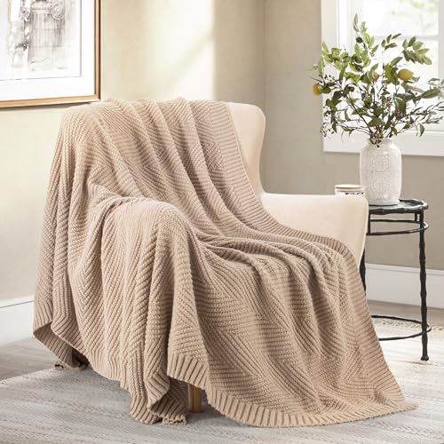 Long Create LGB-Y-S03 Knitted Throw Blanket 50"X60", Taupe Knit Throw Blankets For Bed, Super Soft Boho Chevron Blanket thumb #3