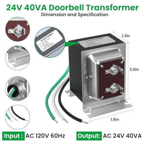 Auspow Doorbell Transformer 24V 40VA for Ring Video Doorbells, Hardwired Door Chime Transformer Power Supply, Compatible with Ring, Nest Hello, Wyze and Eufy Video Doorbells