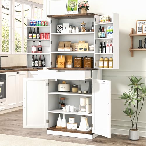 Image of GRUSIGN 72 inch Kitchen Pantry Storage Cabinet with Doors and Shelves, Wood Farmhouse Pantry Storage with Barn Doors for Kitchen, Dining Room, Living Room