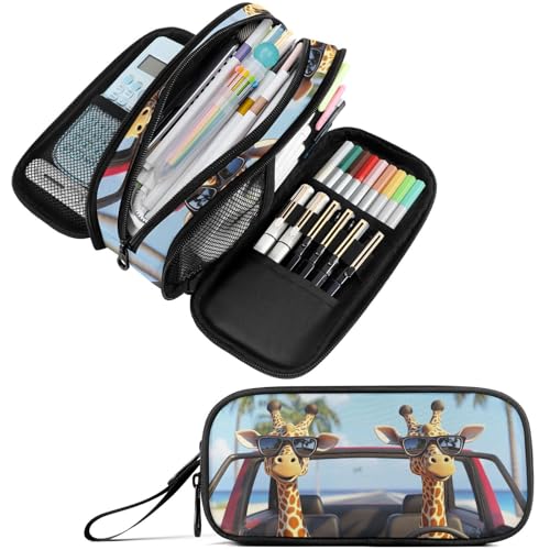 Image of Fustylead 3d Two Cute Giraffes Driving Car Pen Pencil Case Makeup Pouch Big Capacity Multi-Purpose Travel Bag Office Organizer with Zipper