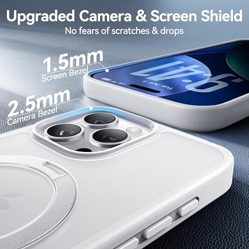 Image of CASEKOO Ultra-Magnetic Stand for iPhone 16 Pro Case, Shockproof Slim, White | [Military Drop Protection] [Compatible with MagSafe] Translucent Matte Slim Ring Holder Case for iPhone 16 Pro 6.3 Inch