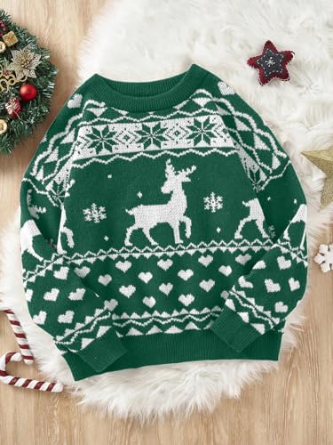 Image of Girls Christmas Pullover Sweaters Reindeer Elk Snow Long Sleeve Crew Neck Chunky Tops