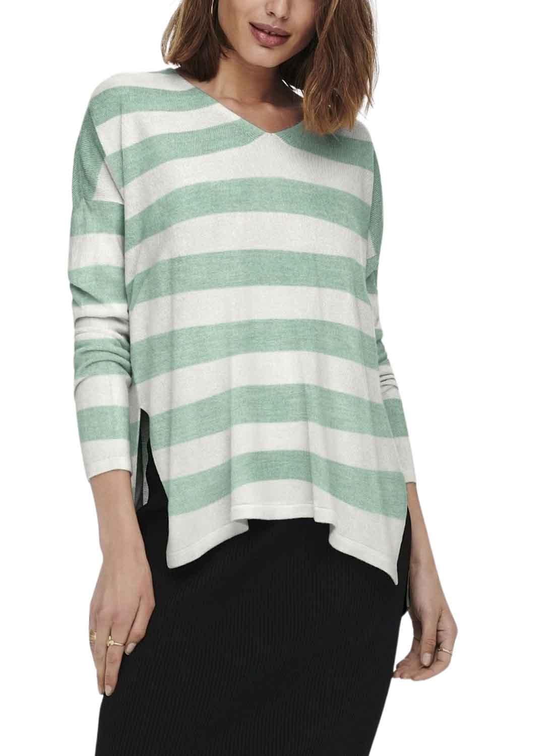ONLY Women's Onlamalia L/S V-Neck CC KNT Pullover, Cloud Dancer/Stripes: w. Subtle Green, S