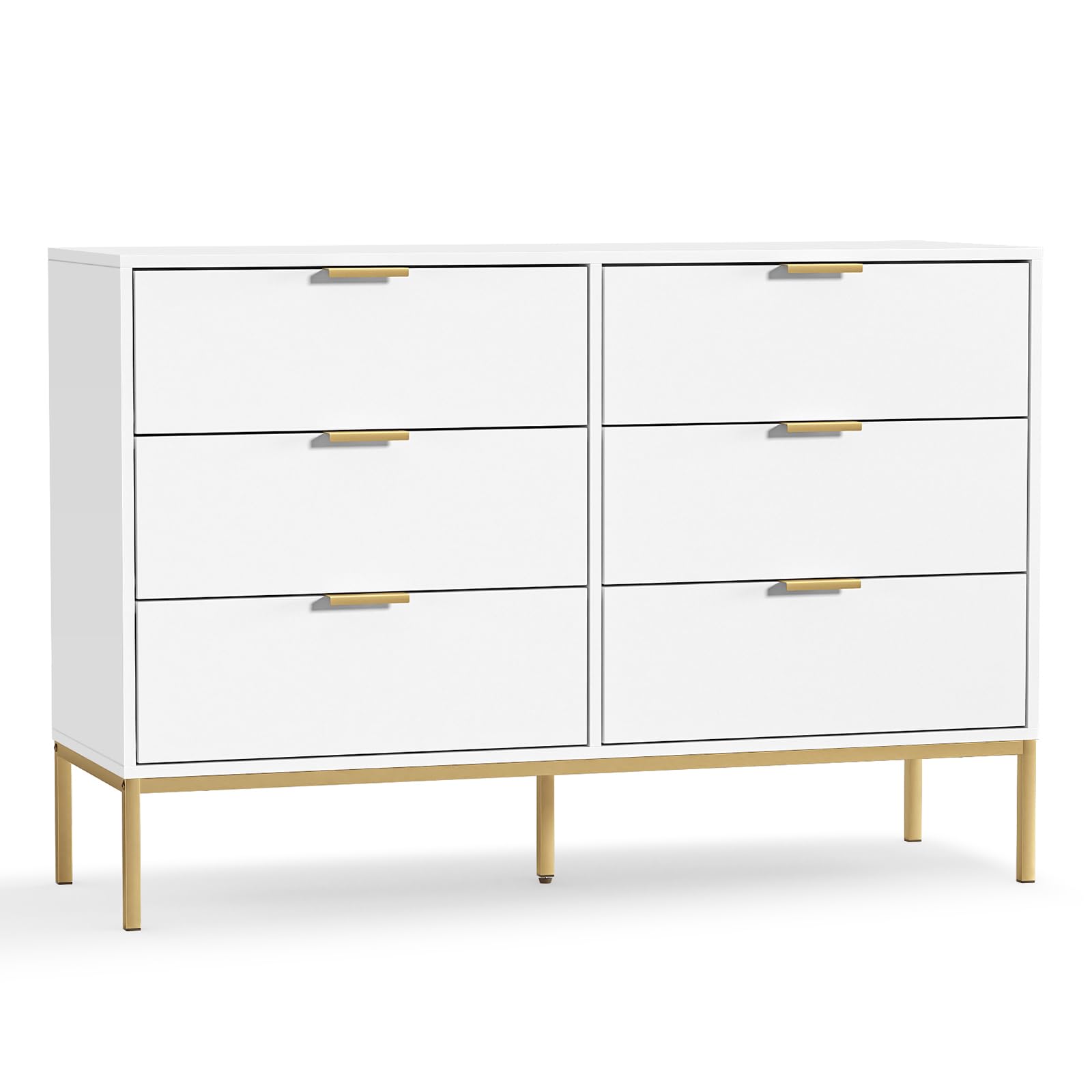 Skokliz Modern 6 Drawer Dresser, White Dressers for Bedroom, Chest of Drawers Closet Organizers and Wood Storage Clothes, White Dresser with Golden Handles for Living Room, Hallway — image 1