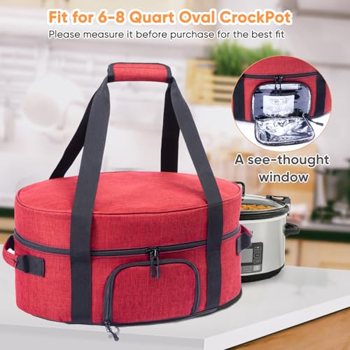BAGSPRITE Insulated Slow Cooker Carrying Bag for 6-8 Quart CrockPot & Hamilton Beach, Portable Carrier Case with See-Through Window, Adjustable Band & Accessory Pocket, Red, 1914.2 in³, 1 pound - Image 2