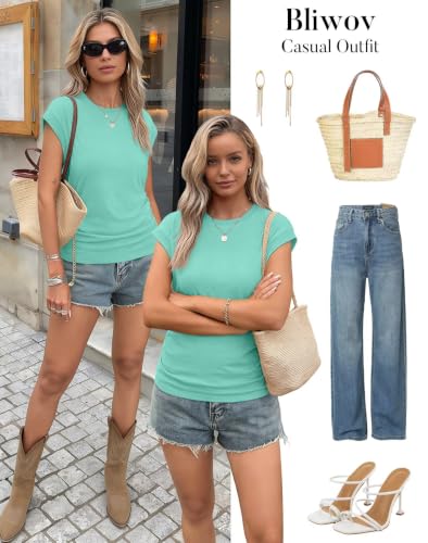 Image of Bliwov Womens Summer Tops Cap Sleeve Crew Neck Casual T Shirts