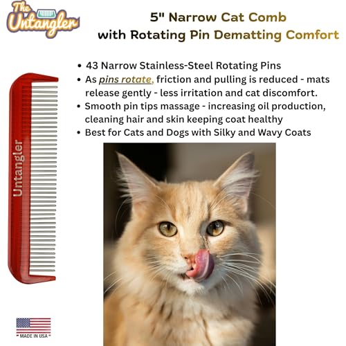 Image of Cat Comb - Ferrari Red, 5 inch - Silky Smooth Rotating Teeth for Gently Detangling Matted Cat Hair, Stimulates Natural Oil Production, Stainless Steel, Made in USA, Vet Recommended