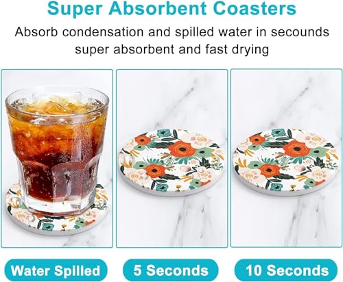 Image of Floral Absorbent Coasters Set of 6, Wood Abstract Coaster with Holder, Home Coffee Table Decor for Women, Cute Cork