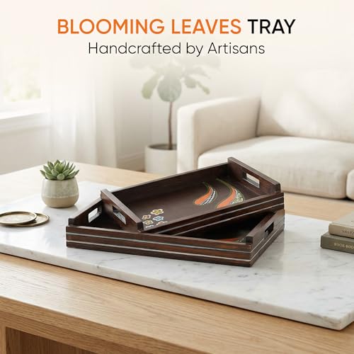 Image of AAKRITI ART CREATIONS Blooming Leaves Serving Trays | Floral Art | Brown Wooden Tray Set of 2 | Glossy Finish Serving Trays | Tray for Dining Table & Kitchen