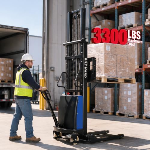 Image of BILT HARD Semi-Electric Pallet Stacker Material Lift, 3300 lbs Capacity, 118 inch Lift Height, Walkie Stacker with Adjustable Forks and Straddle Legs for Material Handling