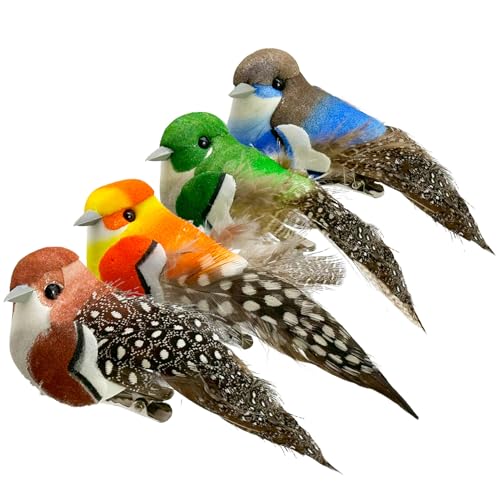 LWINGFLYER 4pcs Artificial Birds Clip on Bird Ornaments with Feathers for Spring Christmas Tree Decoration, Arts & Crafts and Floral Arrangements (Model-4S14)