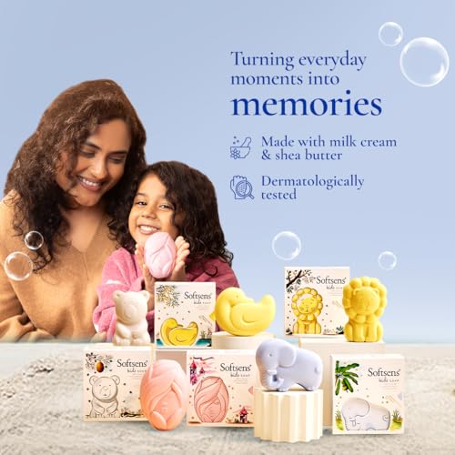 Image of Softsens Assorted Kids Soap 75g each ( Pack of 5 x 75g) | Gentle Nourishing Care with Shea Butter & Natural Milk Cream, Dermatologist Tested Baby Soap, Moisturizing Animal Shape Bar Soap For Toddlers & Kids 2-10 Years