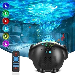 Veilleuse Enfant Lampe Projecteur Ciel Etoile LED Simulation des Vagues Océan Contrôle Vocal avec Haut-Parleur Bluetooth Minuterie Télécommande Réglable Decoration Chambre Noël Halloween Cadeau (Noir)