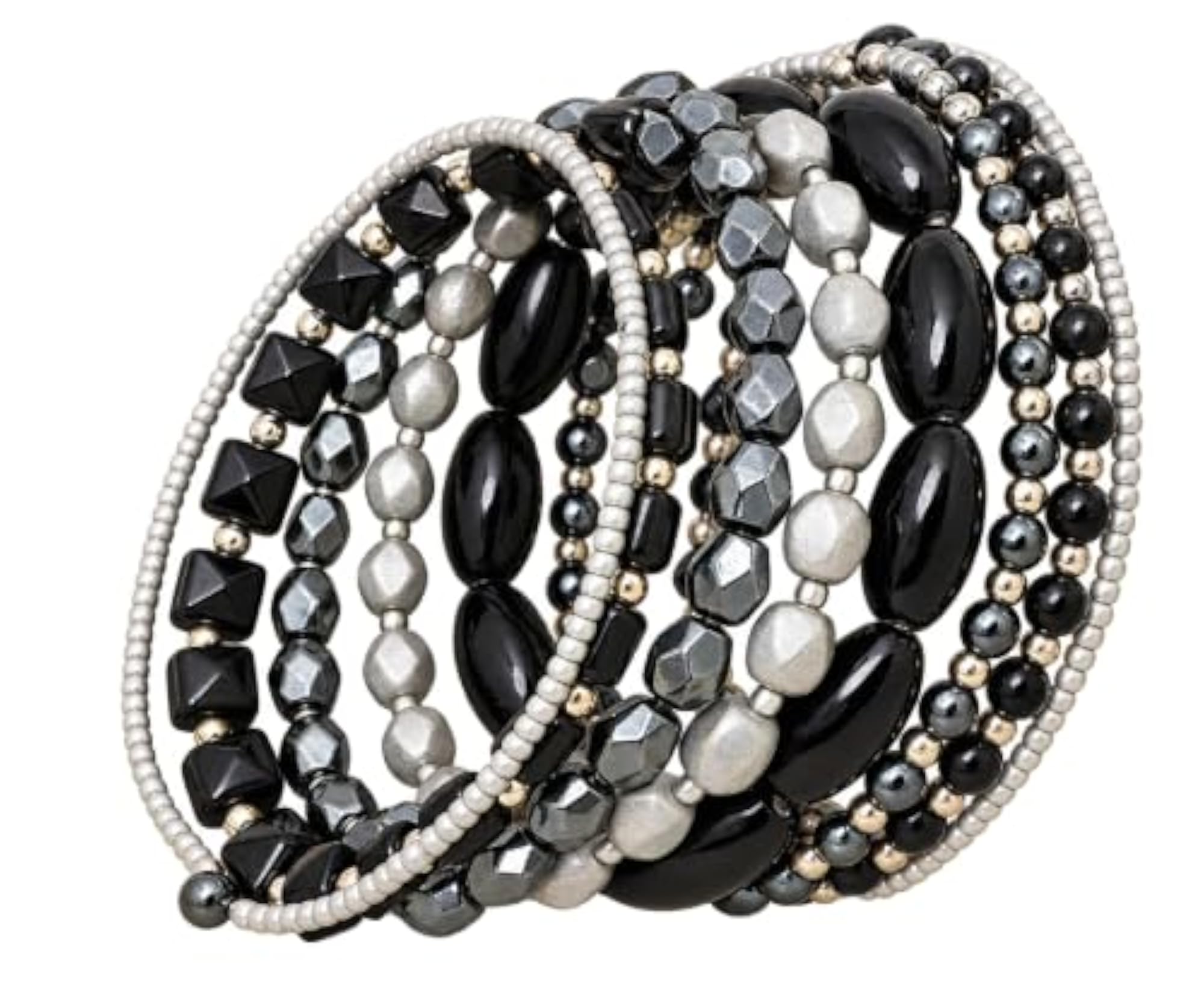 Silver Beaded Coil Bracelet with Metallic Faceted Oval Beads
