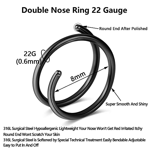 1-15PCS Double Hoop Nose Ring for Single Piercing 18G 20G 22G Spiral Nose Rings Hoops 18 20 22 Gauge Surgical Steel Twist Nose Piercing Jewelry Nostril for Women Girls Men Hypoallergenic Pack Easy Bendable 6mm 8mm 10mm2