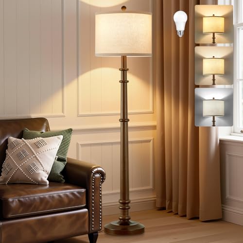 Image of Floor Lamps for Living Room - 60 inch Farmhouse Floor Lamp with Adjustable Color Temperatures - Vintage Standing Lamp Reading Light with Linen Shade Rustic Tall Lamp for Bedroom Office, Wood , Walnut