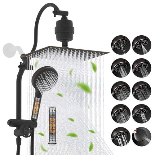 Image of Hibbent 12 inch Dual Filtered 10 inch Rainfall Shower Head with Handheld 10-Spray | High Pressure Metal Oil-Rubbed Bronze Showerhead Combo with Filter, Extension Arm with 4-way Diverter, 71'' Hose & Holder