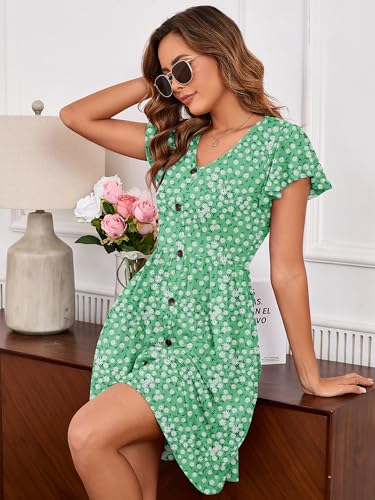 Image of Heymoments Women's Ruffle Sleeve V Neck Swing Sundress Summer Casual A-Line Midi Dress with Pockets S-2XL