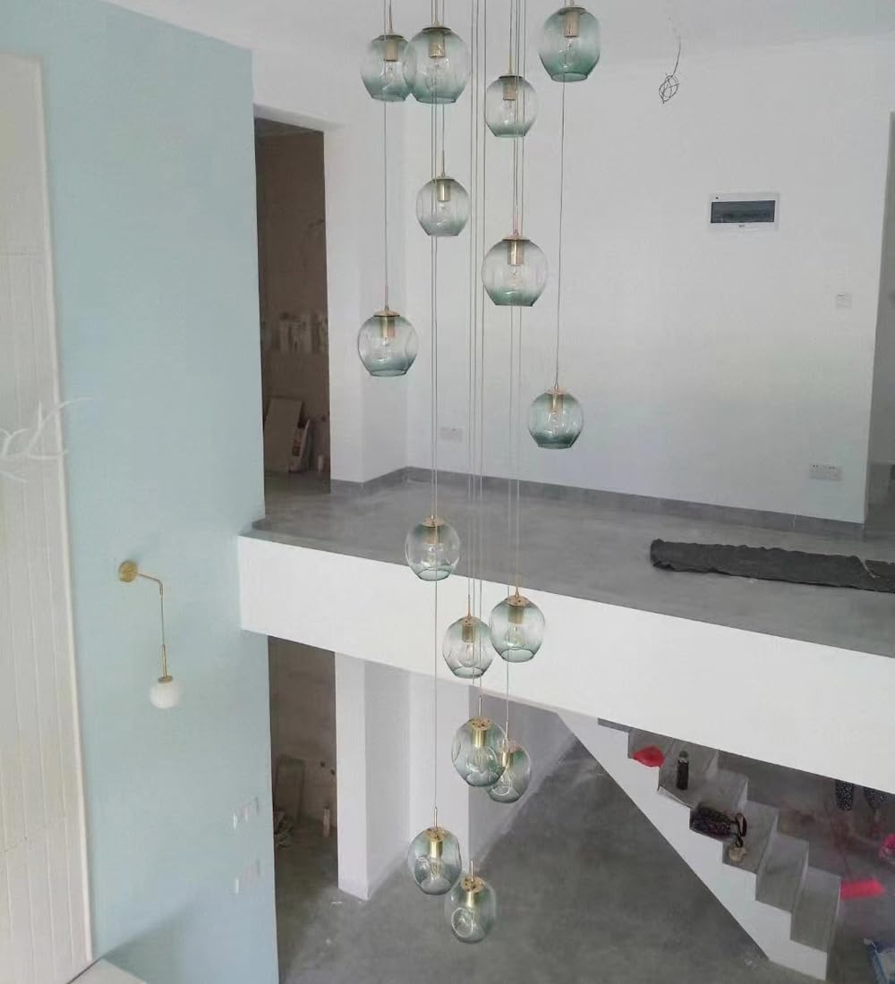 SYAXVOM Oversized Staircase Chandelier - Modern Long Pendant Light Adjustable Length Creative Hanging Fixture for Villa Stairwell 18 Blue Balls Design