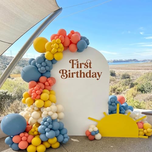 Image of Blue Orange Yellow Balloons, 60 Pcs 12 Inch Retro Blue Orange Mustard Yellow Slate and White Beige Latex Helium Balloons for Boho Rainbow Theme Baby Shower First Birthday Party Decorations