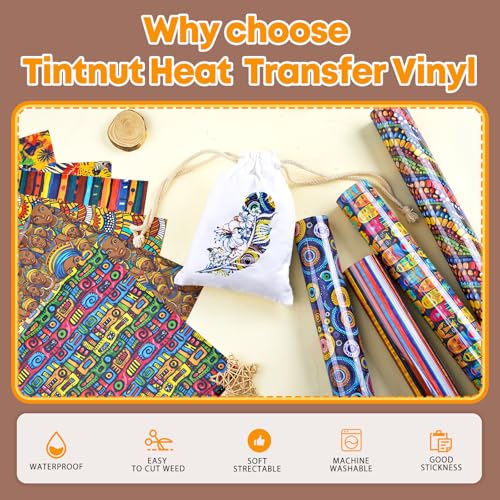 Image of Tintnut Colorful African Heat Transfer Vinyl,10 Pcs 12x10in Iron on Vinyl | Tribal ethnic patterned PU HTV sheets,easy cut & weed,stretch washable,works with iron & heat press for Kwanzaa crafts