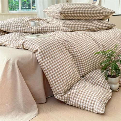 Image of Nayoroom Brown Gingham Duvet Cover Twin Size Tan White Plaid Checkered Duvet Cover Grid Dorm Bedding Set 2 Pieces Soft Lightweight Washed Microfiber Farmhouse Bedding with Pillowcases