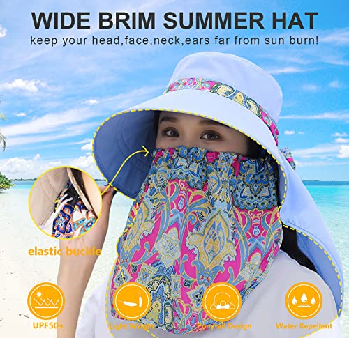 Image of Women Wide Brim Face Mask Sun Hat Detachable Neck Face Flap Ponytail UV Protection Visor Hat Garden Fishing Hiking