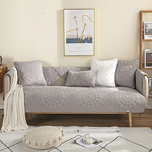 Xslive Cotton Quilted Sofa Cover Boho Circle Embroidered Sectional Couch Slipcover Solid Color Non Slip Sofa Slipcover Furniture Protector For Dogs, Pets, Children (Light Grey,35"X82") #TOP1