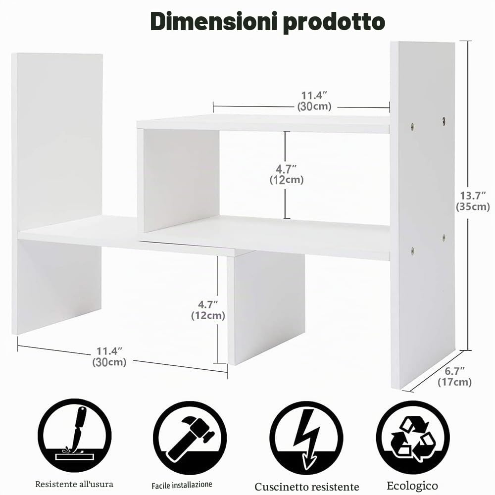 Mensola da scrivania in legno, piccola libreria, bianca, organizer da scrivania, regolabile, per ufficio, cucina (bianco)