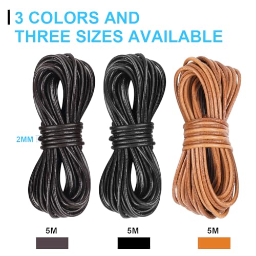 AUAUY 3 Rollen 5M x 2mm Lederschnur Lederstil-Band aus echt Leder, Gute Qualität Lederband Kette, Robust Lederriemen, Reißfeste Lederschnur für Armband Ketten Schmuck DIY Handwerk-Schwarz,Braun,Natur